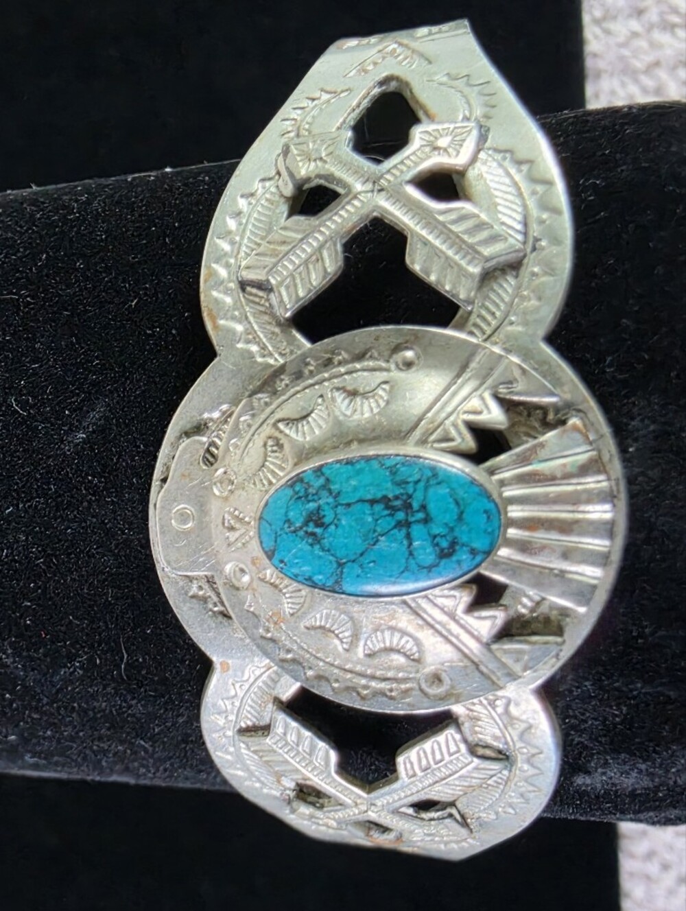 Vintage Nickel Silver Turquoise Statement Cuff Bracelet - Turquoise - Picture 3 of 10